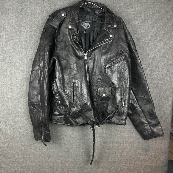 Diamond Plate Buffalo Leather Motorcycle Jacket 2X Black Biker Padded Patch - Picture 1 of 6